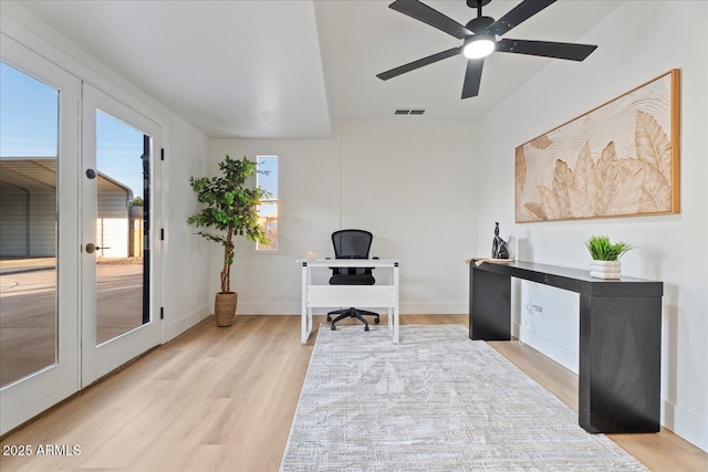 3506 W Yucca St, Phoenix, AZ 85029 - home office featuring light wood-style floors, ceiling fan, and french doors