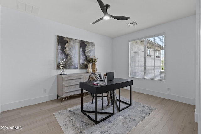 office area featuring ceiling fan and light wood-type flooring