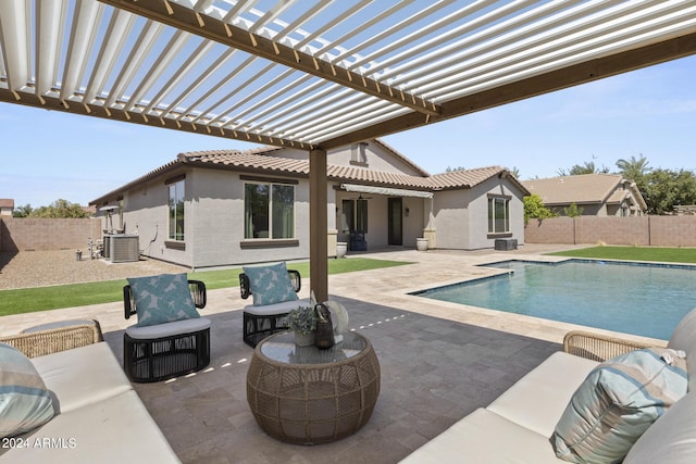 view of swimming pool featuring outdoor lounge area, a pergola, central AC unit, and a patio area