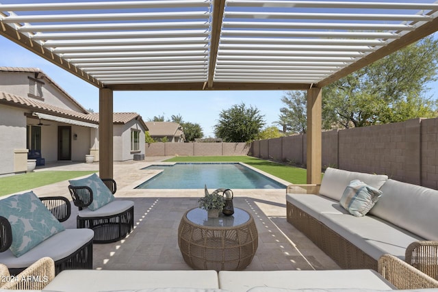 view of swimming pool featuring outdoor lounge area, a patio area, and a pergola