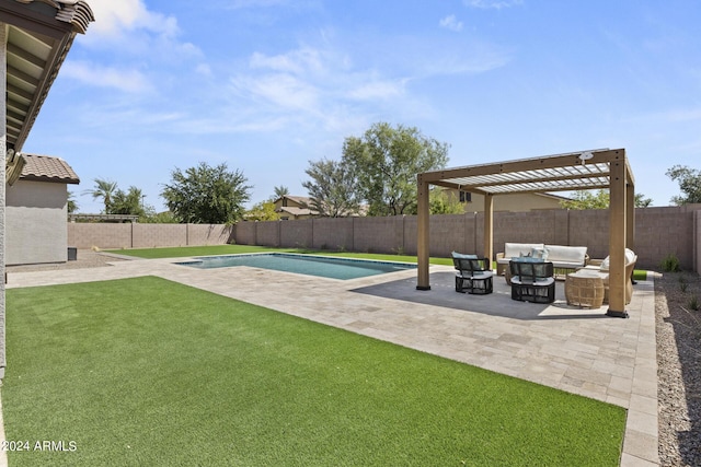 view of swimming pool with a pergola, a patio area, an outdoor living space, and a lawn