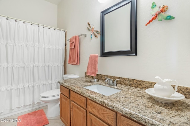 full bathroom with tile patterned flooring, vanity, toilet, and shower / tub combo with curtain