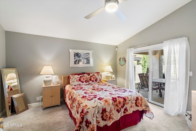 bedroom with access to exterior, light carpet, vaulted ceiling, and ceiling fan