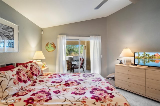 bedroom with vaulted ceiling, carpet flooring, a ceiling fan, and access to exterior