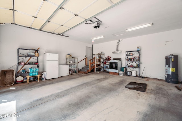 garage featuring a garage door opener, water heater, and white refrigerator