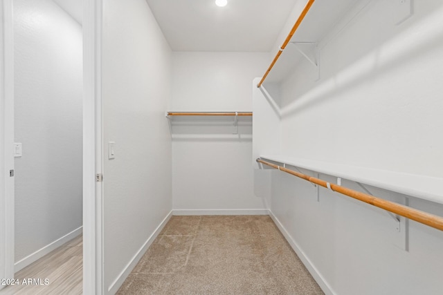 spacious closet featuring light colored carpet