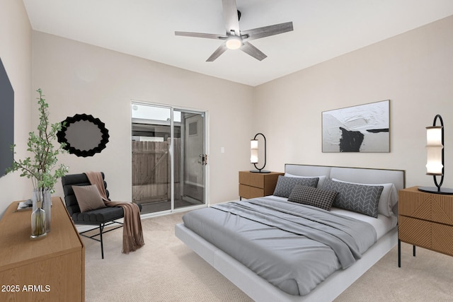 carpeted bedroom with access to exterior and ceiling fan