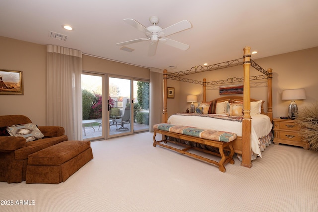 bedroom with ceiling fan, carpet flooring, and access to outside