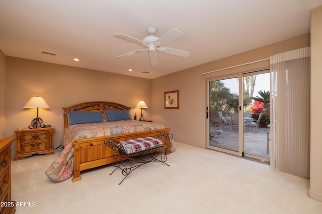 carpeted bedroom featuring access to outside and ceiling fan