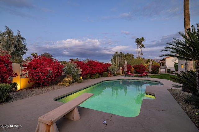 view of pool with a patio area and a diving board