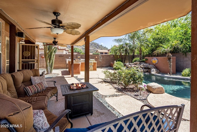 1633 W Acoma Dr, Phoenix, AZ 85023 - view of patio featuring an outdoor living space with a fire pit, a fenced backyard, a ceiling fan, and a fenced in pool