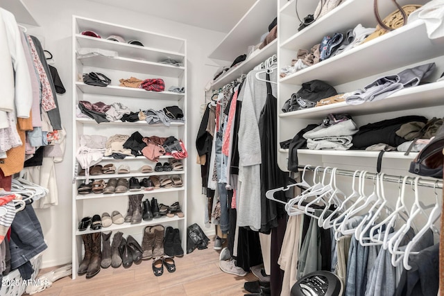 walk in closet featuring light hardwood / wood-style flooring