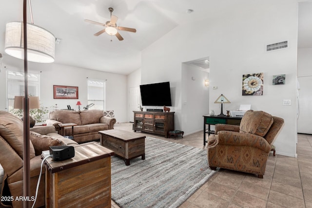 living room with lofted ceiling and ceiling fan