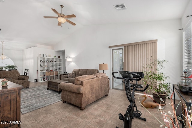 living room featuring lofted ceiling and ceiling fan