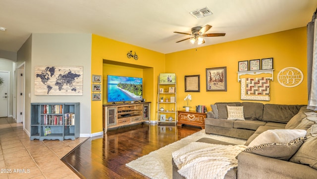 1697 E Linda Ln, Gilbert, AZ 85234 - living area featuring a ceiling fan, hardwood / wood-style floors, and baseboards