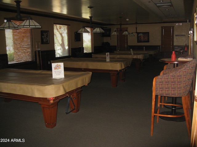 rec room with carpet and pool table