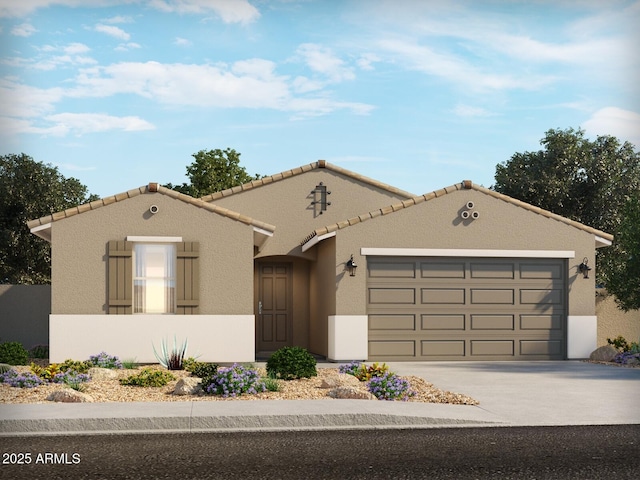 37357 W San Sisto Ave, Maricopa, AZ 85138 - mediterranean / spanish house featuring a garage, driveway, stucco siding, and a tile roof