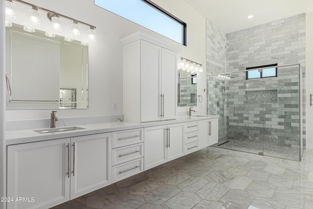 bathroom featuring vanity and a shower with shower door