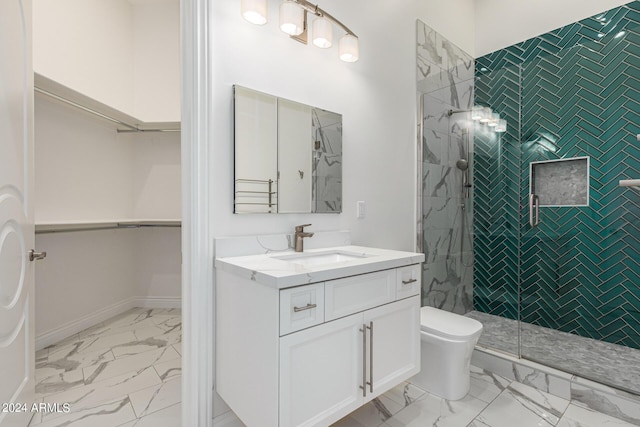 bathroom featuring toilet, vanity, and walk in shower