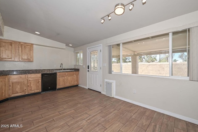 kitchen with wood finish floors, lofted ceiling, a sink, baseboards, and dishwasher