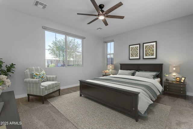 empty room featuring a ceiling fan, carpet flooring, visible vents, and baseboards