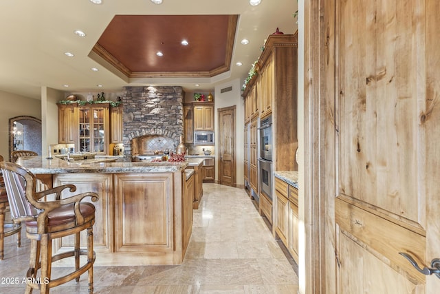 13249 E Summit Dr, Scottsdale, AZ 85259 - kitchen featuring a tray ceiling, stainless steel appliances, a kitchen breakfast bar, light stone counters, and a large island with sink