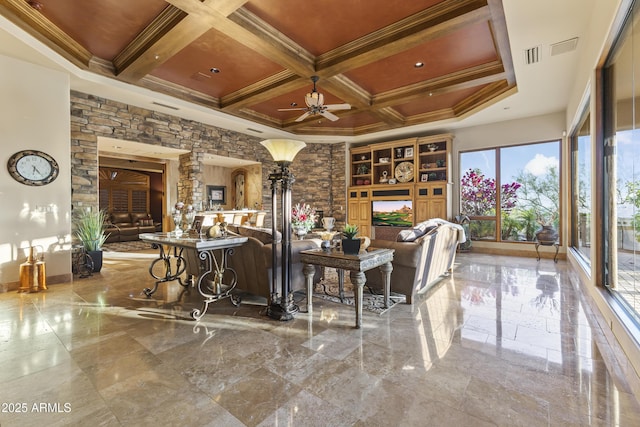 13249 E Summit Dr, Scottsdale, AZ 85259 - living room with a ceiling fan, coffered ceiling, beam ceiling, and crown molding