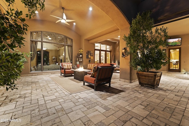 13249 E Summit Dr, Scottsdale, AZ 85259 - view of patio / terrace with an outdoor fire pit and ceiling fan