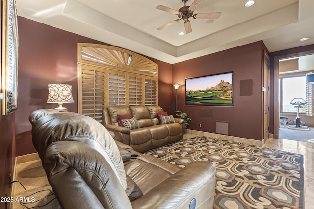 13249 E Summit Dr, Scottsdale, AZ 85259 - living room featuring ceiling fan, baseboards, and recessed lighting