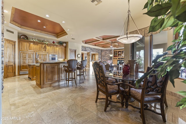 13249 E Summit Dr, Scottsdale, AZ 85259 - dining room with coffered ceiling, recessed lighting, light stone finish floors, and beam ceiling