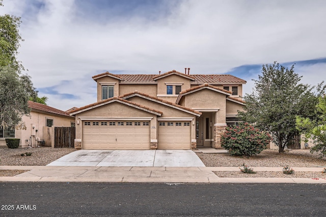 8766 W Hayward Ave, Glendale, AZ 85305 - view of front of house with stone siding, a tile roof, stucco siding, driveway, and a garage