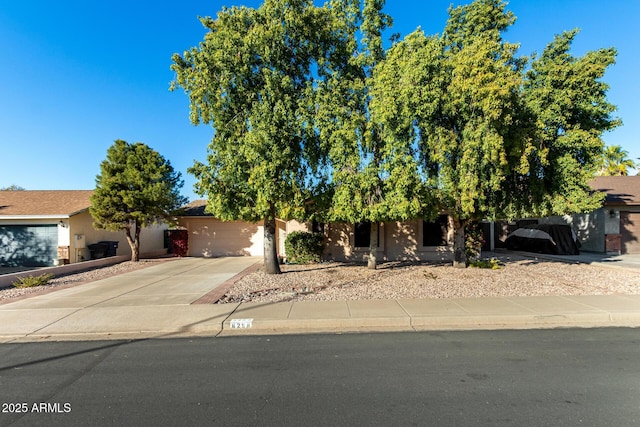 view of property hidden behind natural elements with a garage