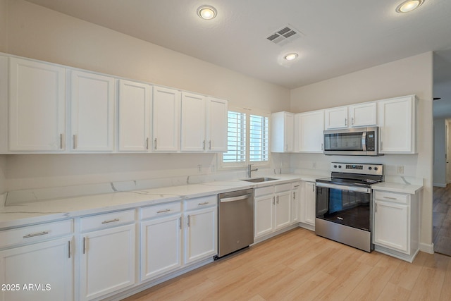 125 N 22nd Pl Unit 5, Mesa, AZ 85213 - kitchen with appliances with stainless steel finishes, white cabinetry, light wood-style flooring, light stone countertops, and recessed lighting