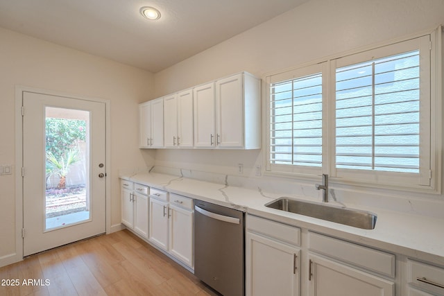 125 N 22nd Pl Unit 5, Mesa, AZ 85213 - kitchen with stainless steel dishwasher, white cabinetry, light wood-style floors, light stone countertops, and recessed lighting