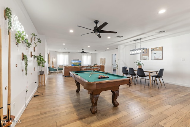 game room featuring recessed lighting, visible vents, light wood-style floors, and billiards