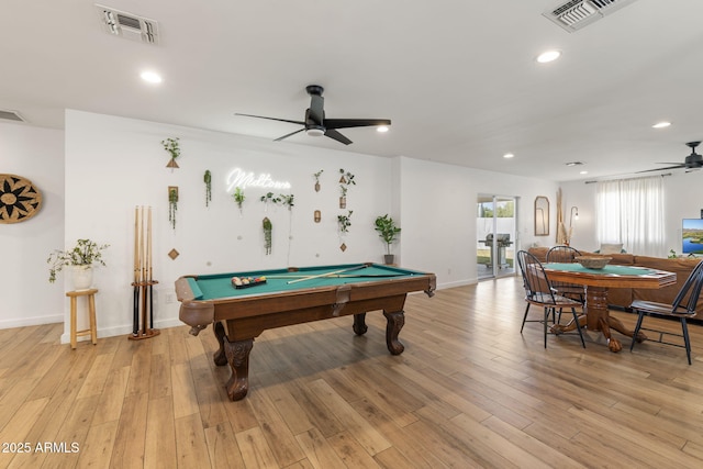 playroom featuring light wood-type flooring, visible vents, billiards, and ceiling fan