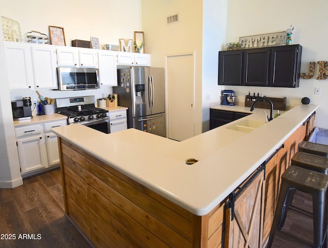 520 E Appaloosa Rd, Gilbert, AZ 85296 - kitchen featuring appliances with stainless steel finishes, a sink, light countertops, dark wood finished floors, and a peninsula