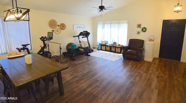 520 E Appaloosa Rd, Gilbert, AZ 85296 - dining space featuring vaulted ceiling, baseboards, ceiling fan with notable chandelier, and wood finished floors