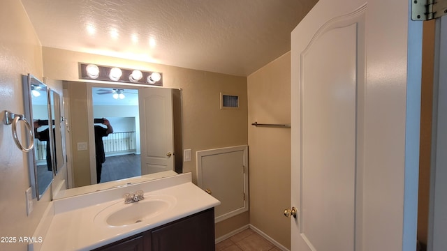 5628 S 21st Pl, Phoenix, AZ 85040 - bathroom with a textured ceiling, ceiling fan, tile patterned floors, and vanity