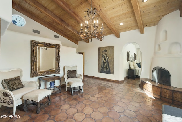 sitting room with wood ceiling, beam ceiling, a chandelier, and high vaulted ceiling