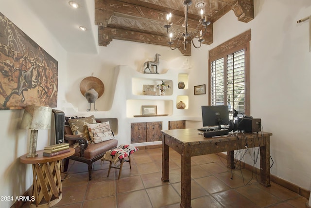 tiled home office featuring beamed ceiling, wooden ceiling, and an inviting chandelier