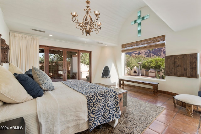 bedroom with access to exterior, high vaulted ceiling, and french doors