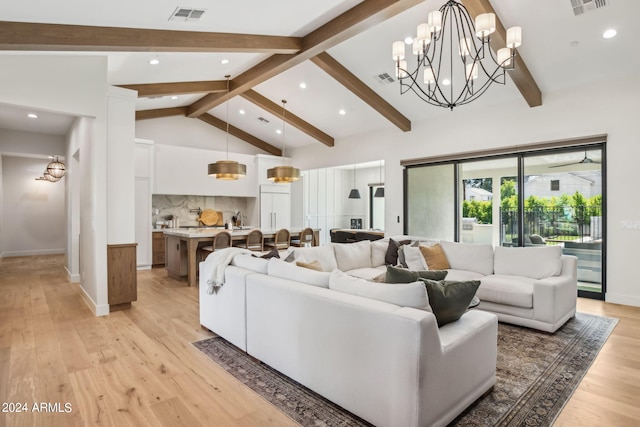 living room featuring high vaulted ceiling, beam ceiling, light wood-type flooring, and a chandelier