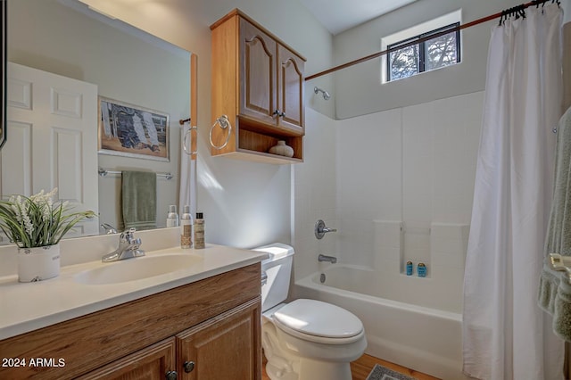 full bathroom with shower / tub combo, vanity, toilet, and wood-type flooring