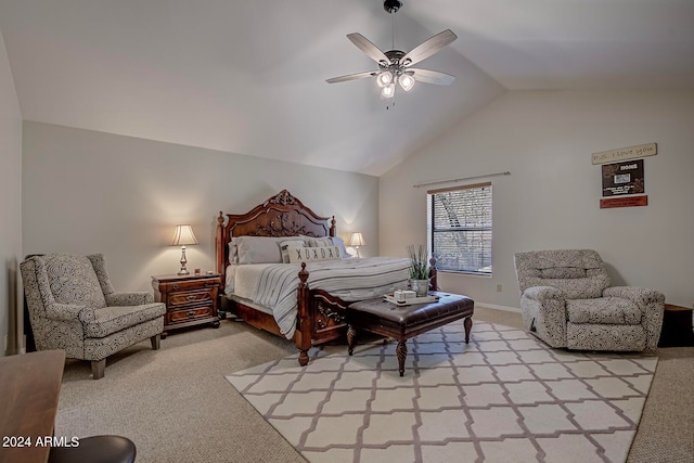 bedroom featuring light colored carpet, ceiling fan, and lofted ceiling