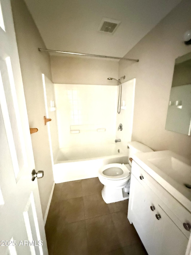 full bath with visible vents, shower / tub combination, tile patterned floors, vanity, and toilet