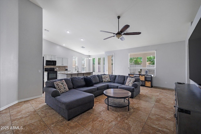 3592 E Sandwick Dr, San Tan Valley, AZ 85140 - living room with visible vents, baseboards, ceiling fan, recessed lighting, and high vaulted ceiling