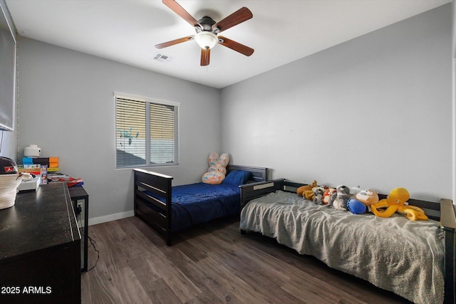 3592 E Sandwick Dr, San Tan Valley, AZ 85140 - bedroom featuring visible vents, baseboards, a ceiling fan, and dark wood finished floors