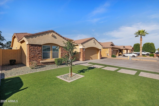 3592 E Sandwick Dr, San Tan Valley, AZ 85140 - mediterranean / spanish home with stucco siding, a front lawn, aphalt driveway, a tile roof, and a garage