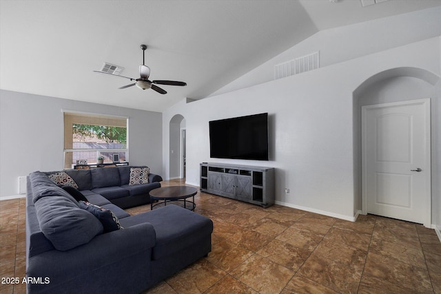 3592 E Sandwick Dr, San Tan Valley, AZ 85140 - living area with arched walkways, visible vents, vaulted ceiling, and ceiling fan